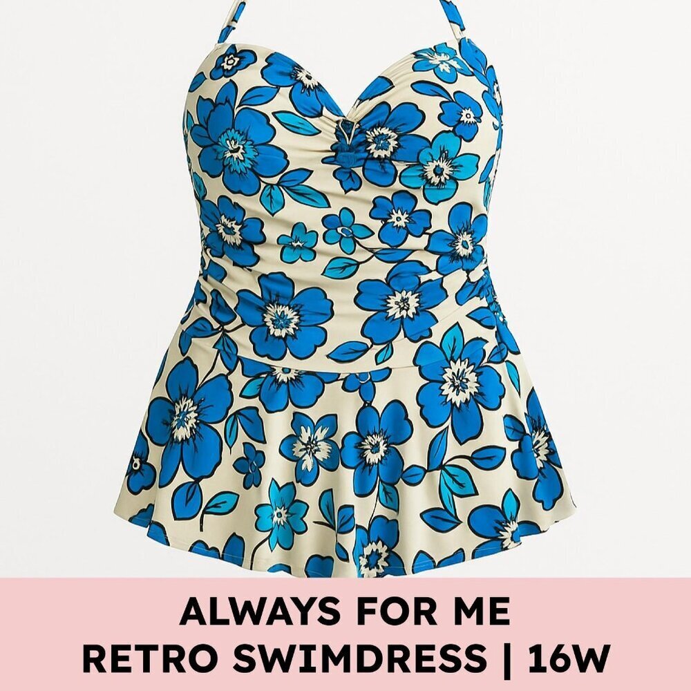 Always For Me Plus Size Halter Ruched Floral Retro Swimdress 16W Blue Vacation - Picture 2 of 12